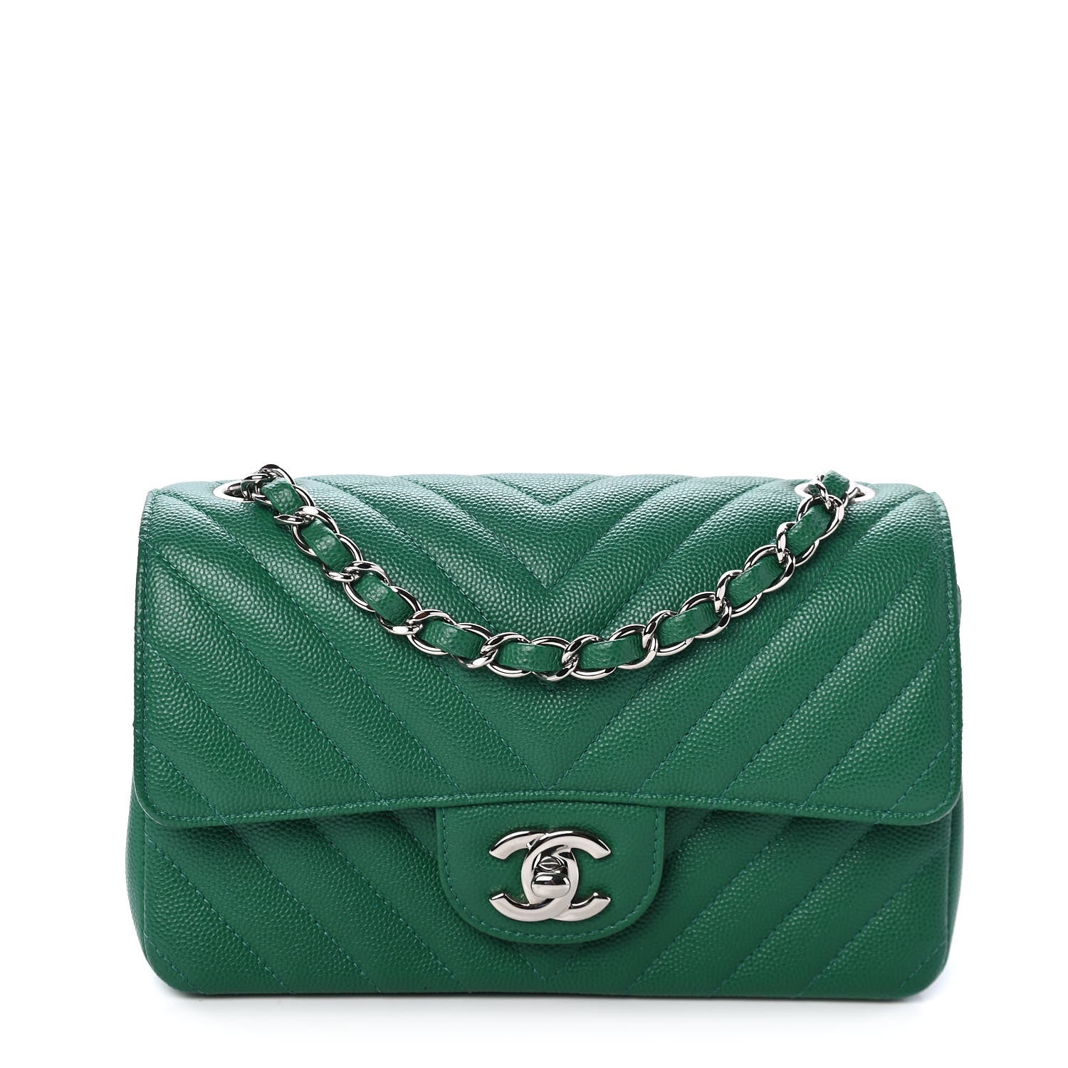 Chanel Caviar Chevron Quilted Mini Rectangular Flap Dark Green 1 of 4
