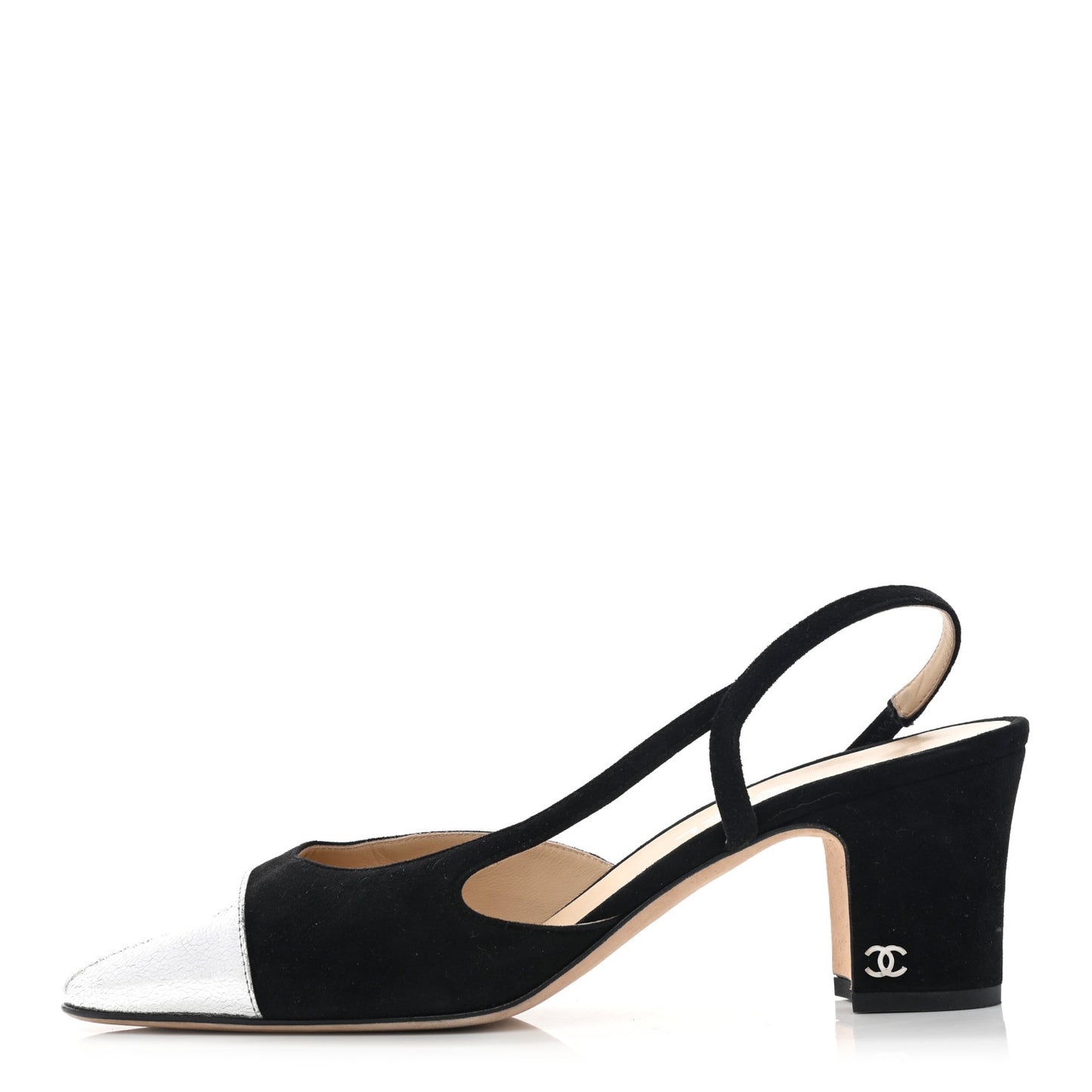 Kid Suede Metallic Lambskin Cap Toe CC Slingback Pumps 40.5 Black Silver