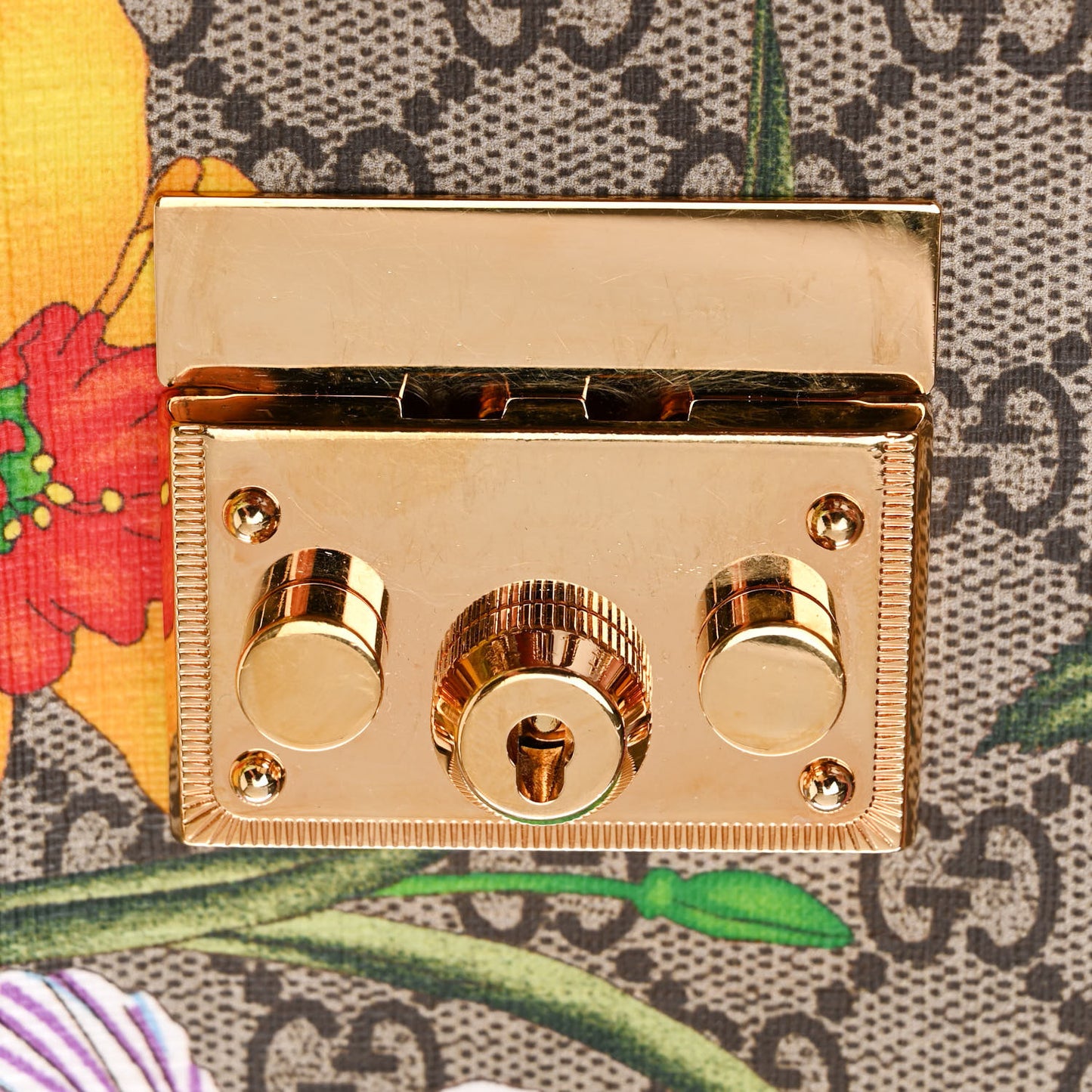 GG Supreme Monogram Flora Textured Calfskin Small Padlock Tote Red