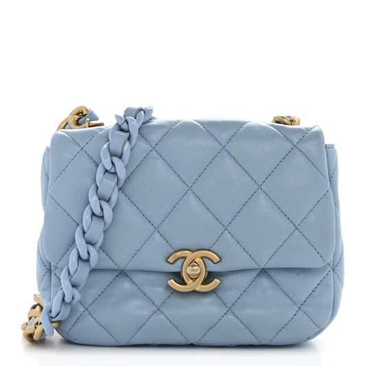 Lambskin Quilted Mini Lacquered Chain Flap Light Blue