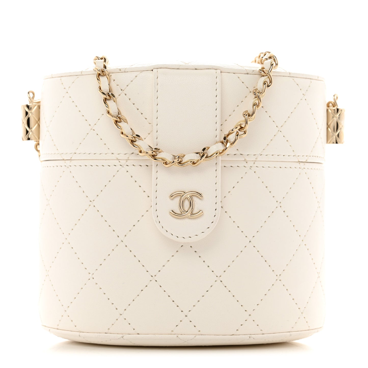 Lambskin Quilted Round Mini Vanity Case With Chain Case With Chain White
