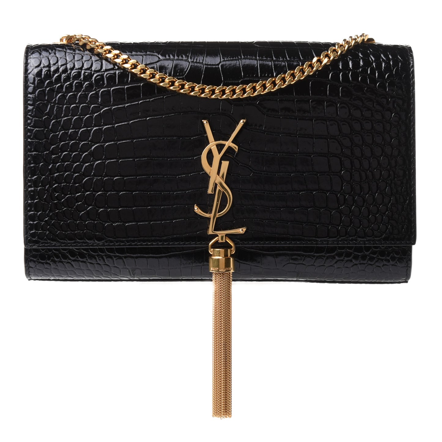 Calfskin Crocodile Embossed Medium Classic Monogram Kate Tassel Satchel Black