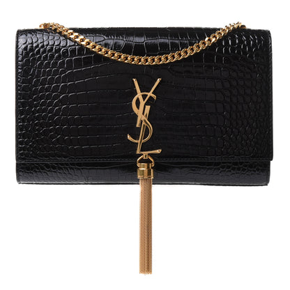 Saint Laurent Calfskin Crocodile Embossed Medium Classic Monogram Kate Tassel Satchel Black 1 of 10
