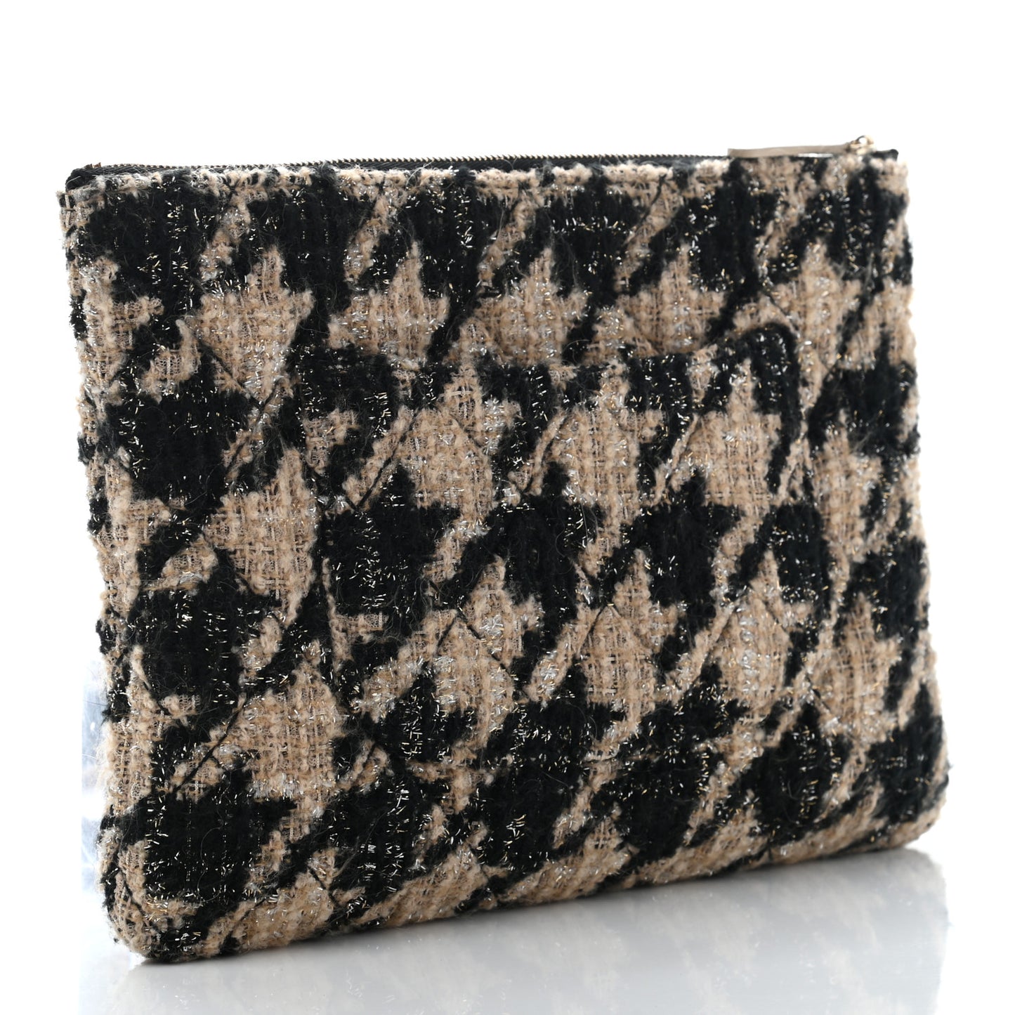 Tweed Shearling Quilted Chanel Cosmetic Pouch Beige Black