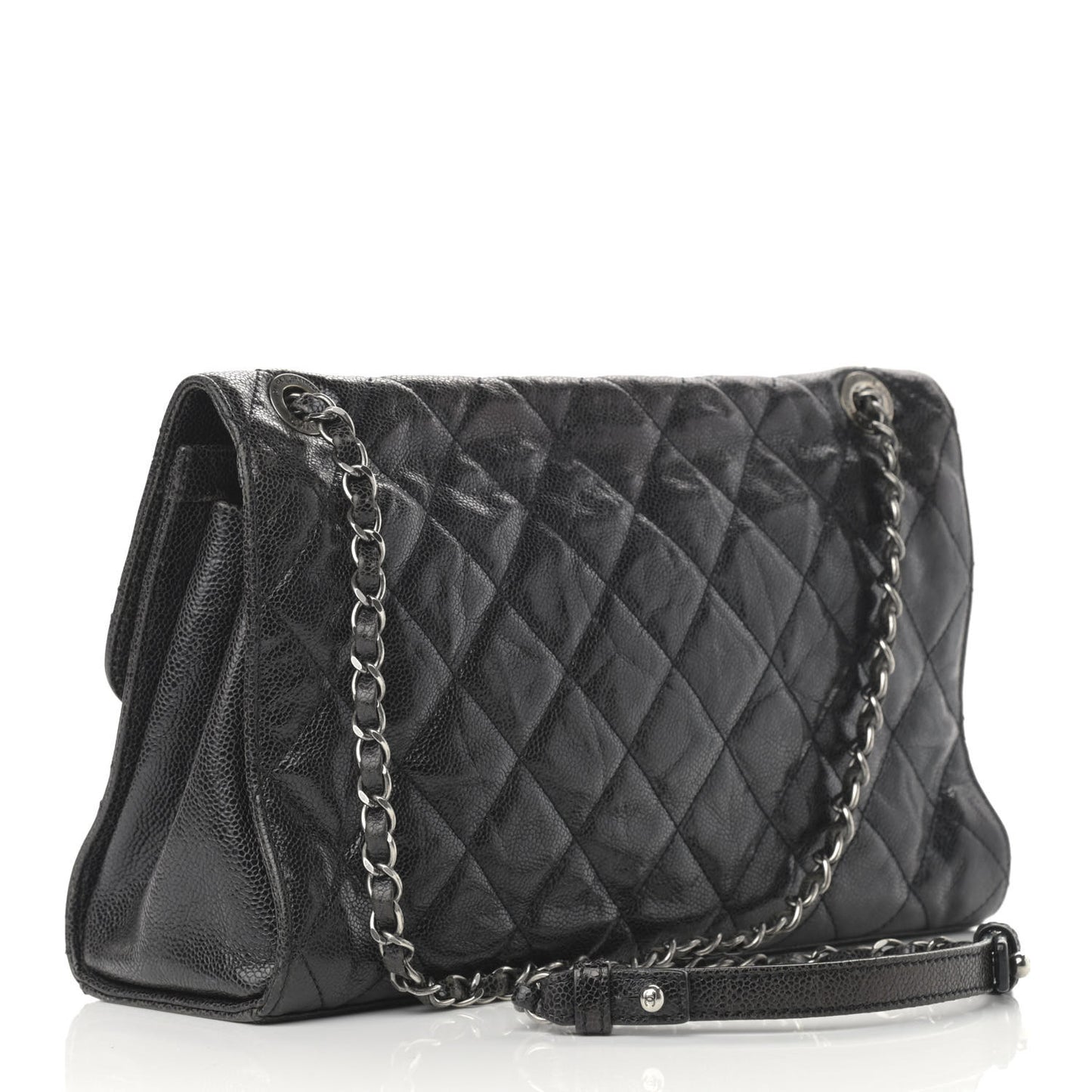 Crumpled Grained Calfskin Jumbo CC Crave Flap Black