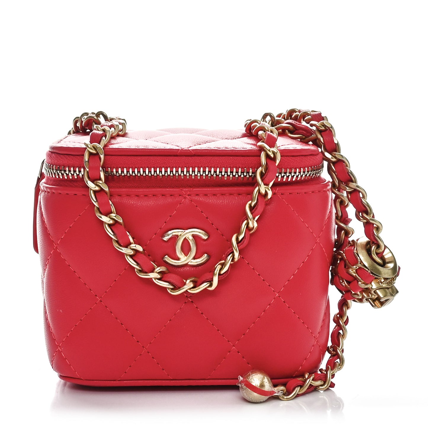 Lambskin Quilted Pearl Crush Mini Vanity Case With Chain Red