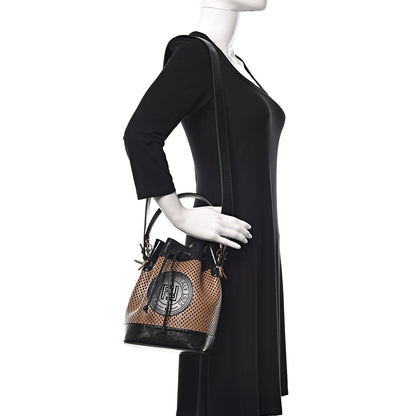 Fendi Vitello Liberty Glossy Lambskin F is Fendi Perforated Large Mon Tresor Bucket Bag Sand Mimosa Black 2 of 11