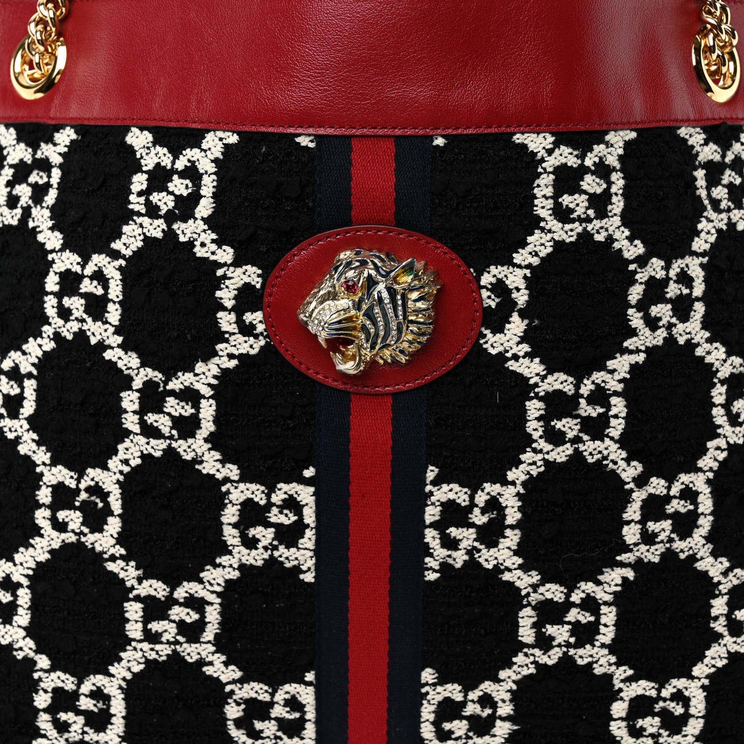 Gucci Tweed GG Monogram Large Rajah Chain Tote Romantic Cherry Black White 9 of 11
