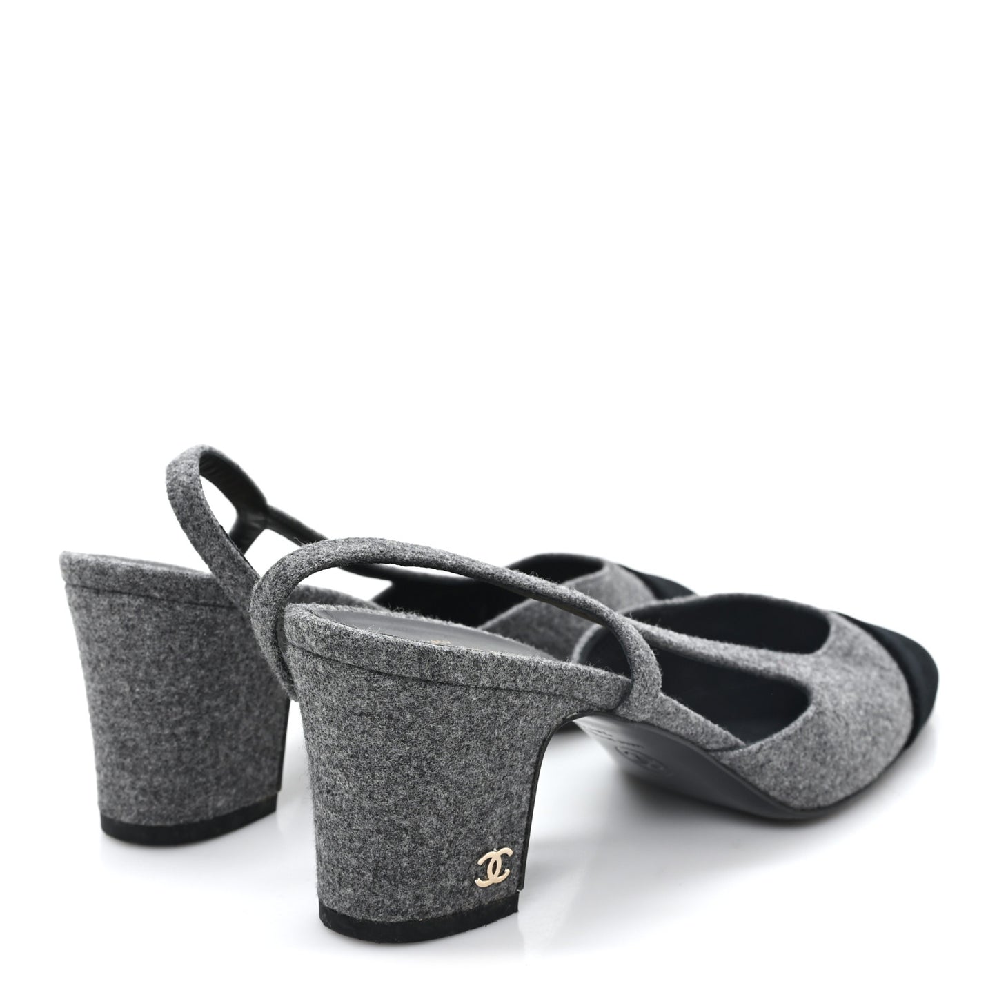 Tweed Patent Cap Toe CC Slingback Pumps 36.5 Gray