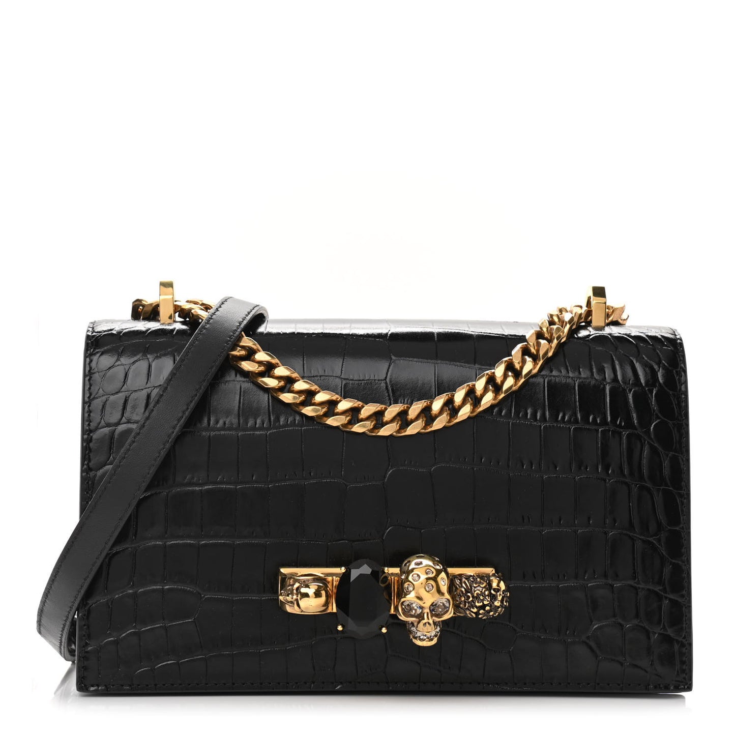 Shiny Crocodile Embossed Jeweled Satchel Black