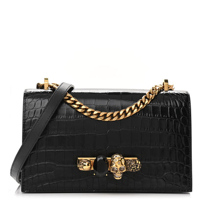 Alexander McQueen Shiny Crocodile Embossed Jeweled Satchel Black 1 of 9