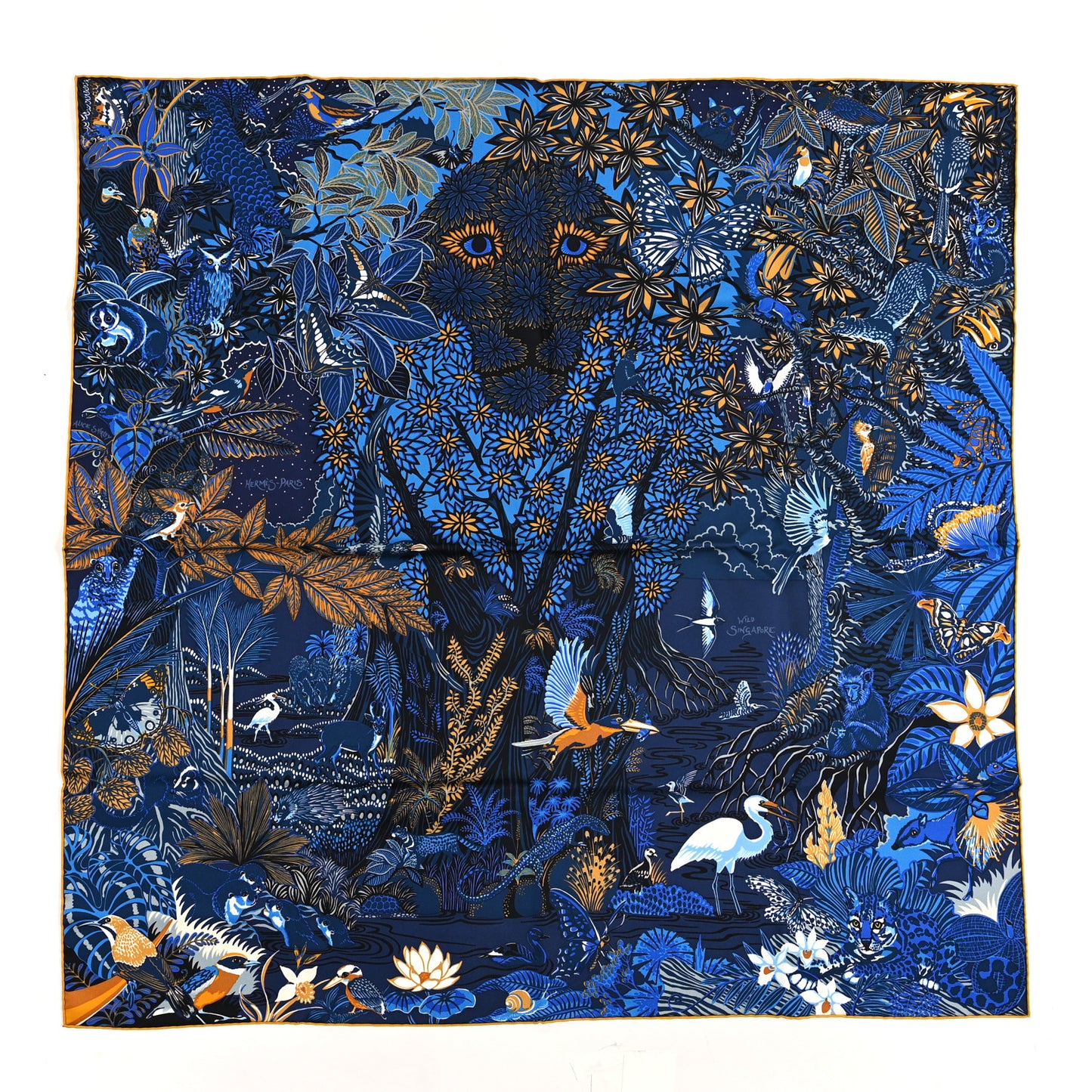 Silk Wild Singapore Scarf 90 Bleu Roy Gold Marine