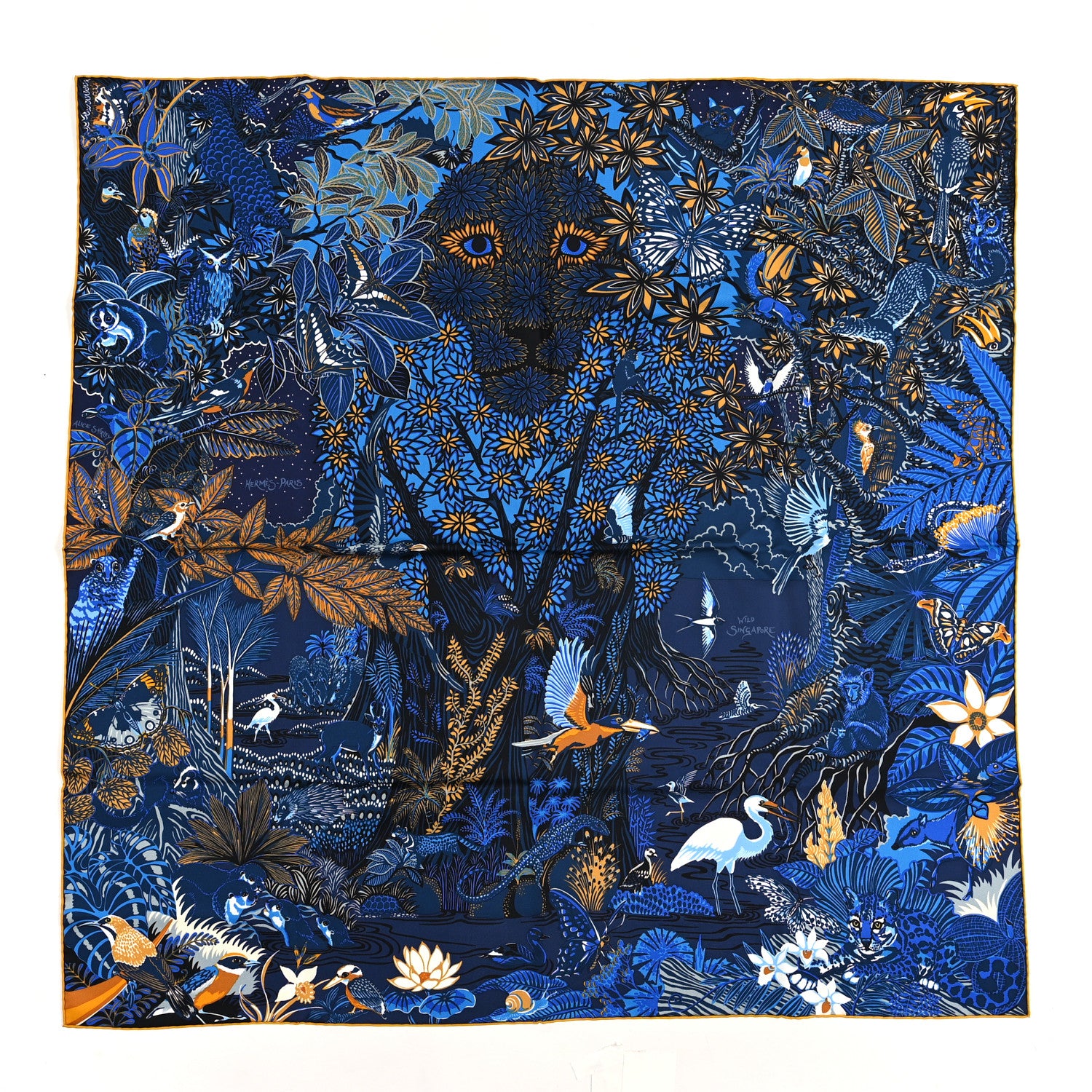 Hermes Silk Wild Singapore Scarf 90 Bleu Roy Gold Marine 2 of 4