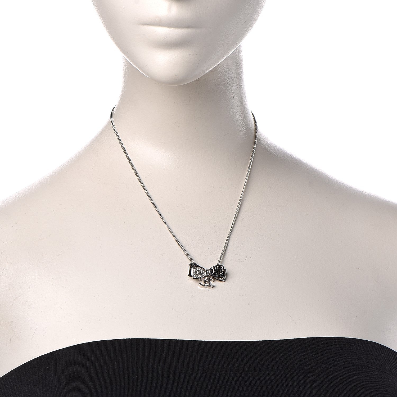 Chanel Crystal CC Bow Necklace Silver Black 2 of 6
