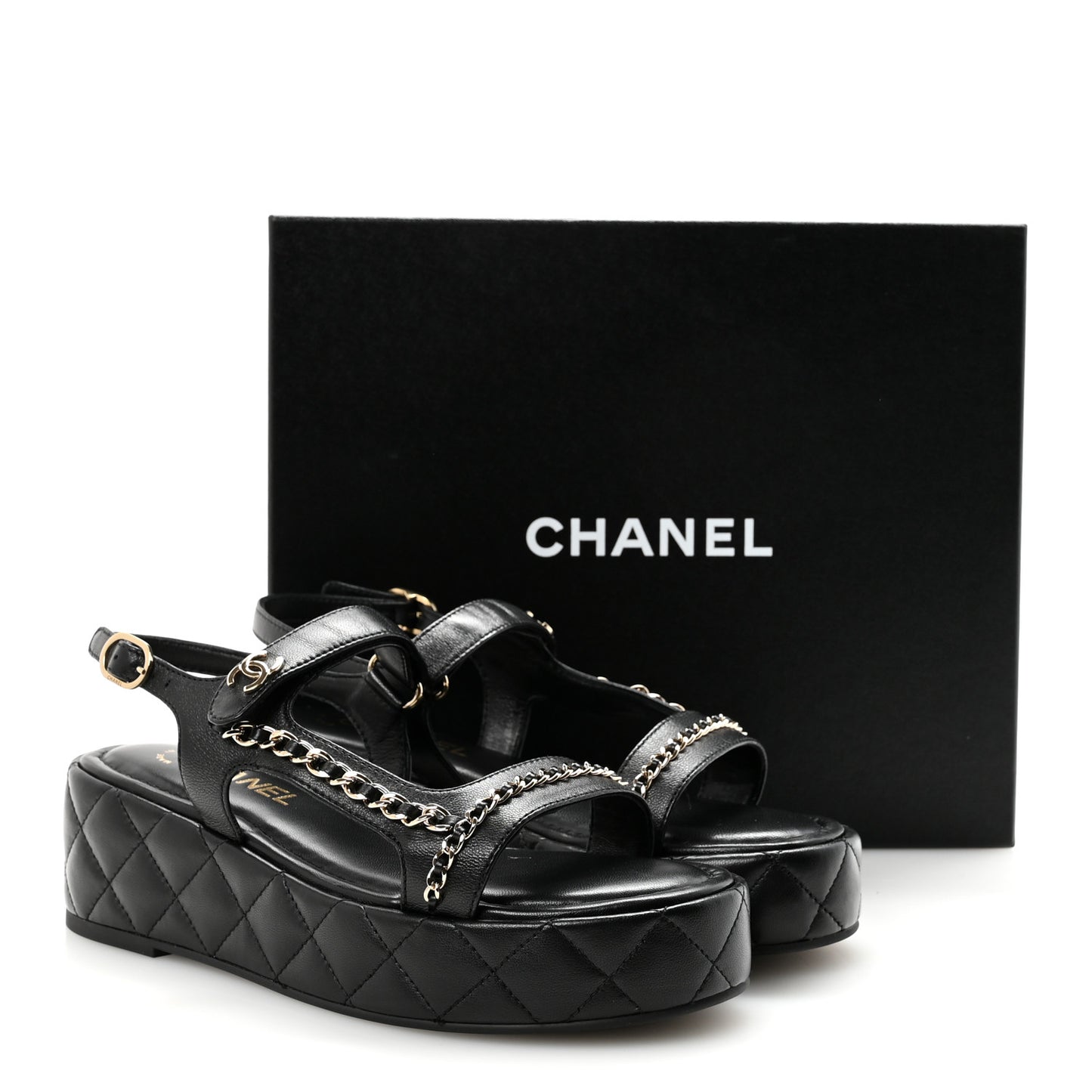 Lambskin Quilted Chain CC Platform Sandals 38.5 Black