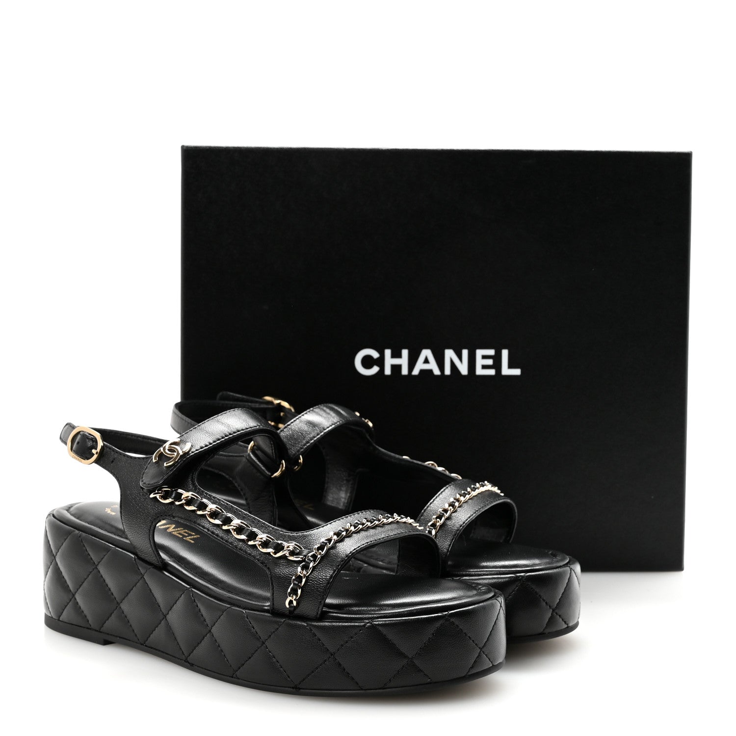 Chanel Lambskin Quilted Chain CC Platform Sandals 38.5 Black 10 of 10
