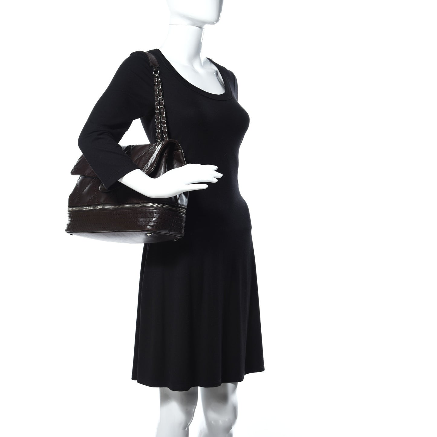Calfskin Stitched Large Expandable Flap Bag Dark Brown