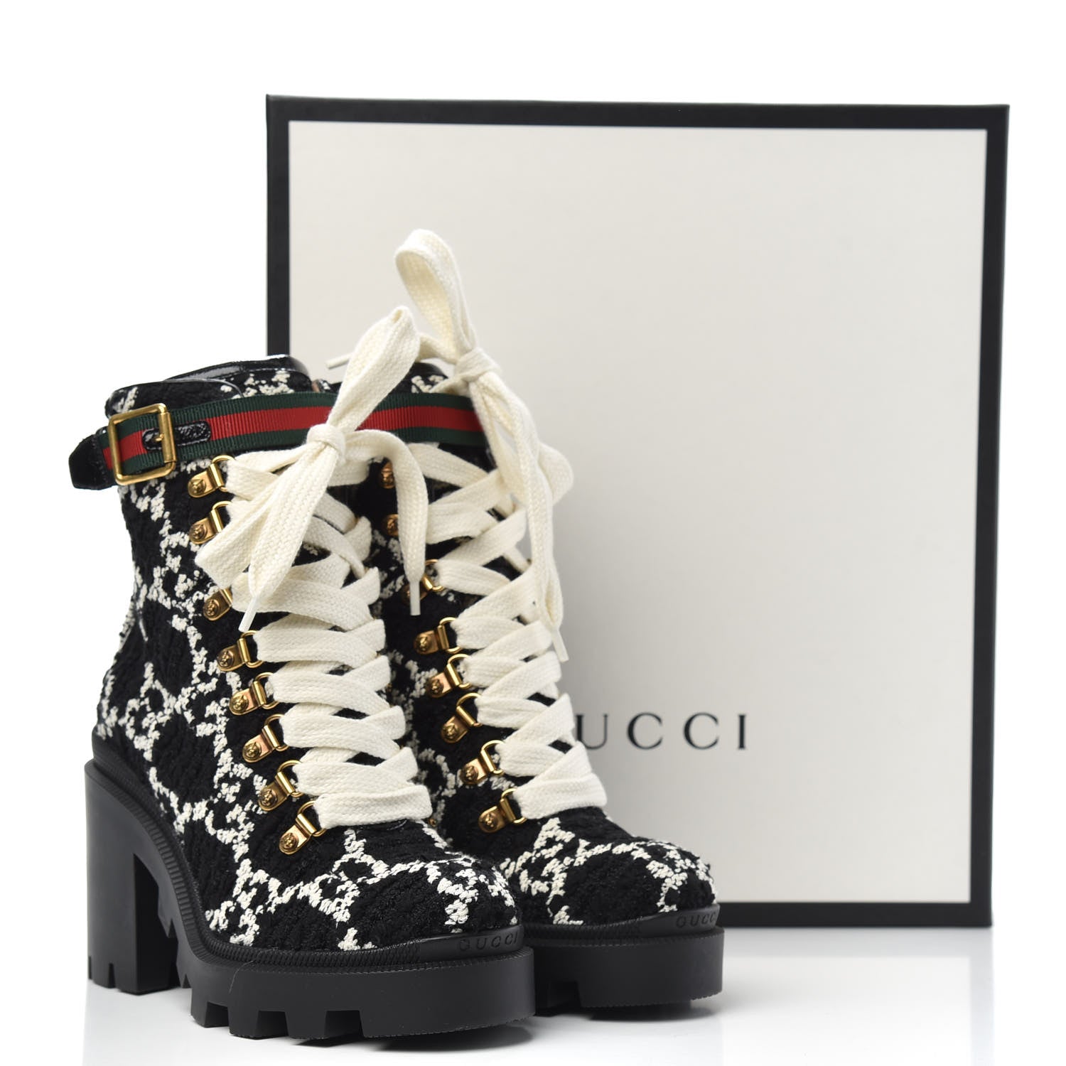 Gucci Tweed GG Monogram Lace Up Combat Ankle Boots 35 Black 8 of 8