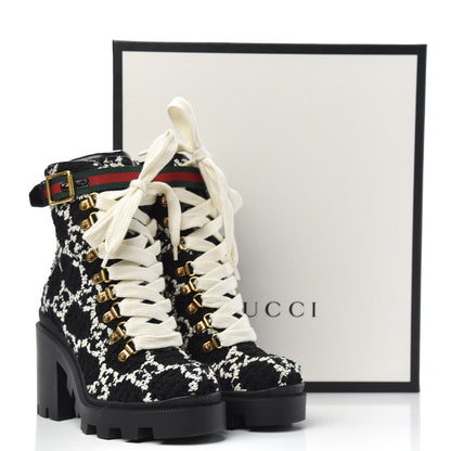 Gucci Tweed GG Monogram Lace Up Combat Ankle Boots 35 Black 8 of 8