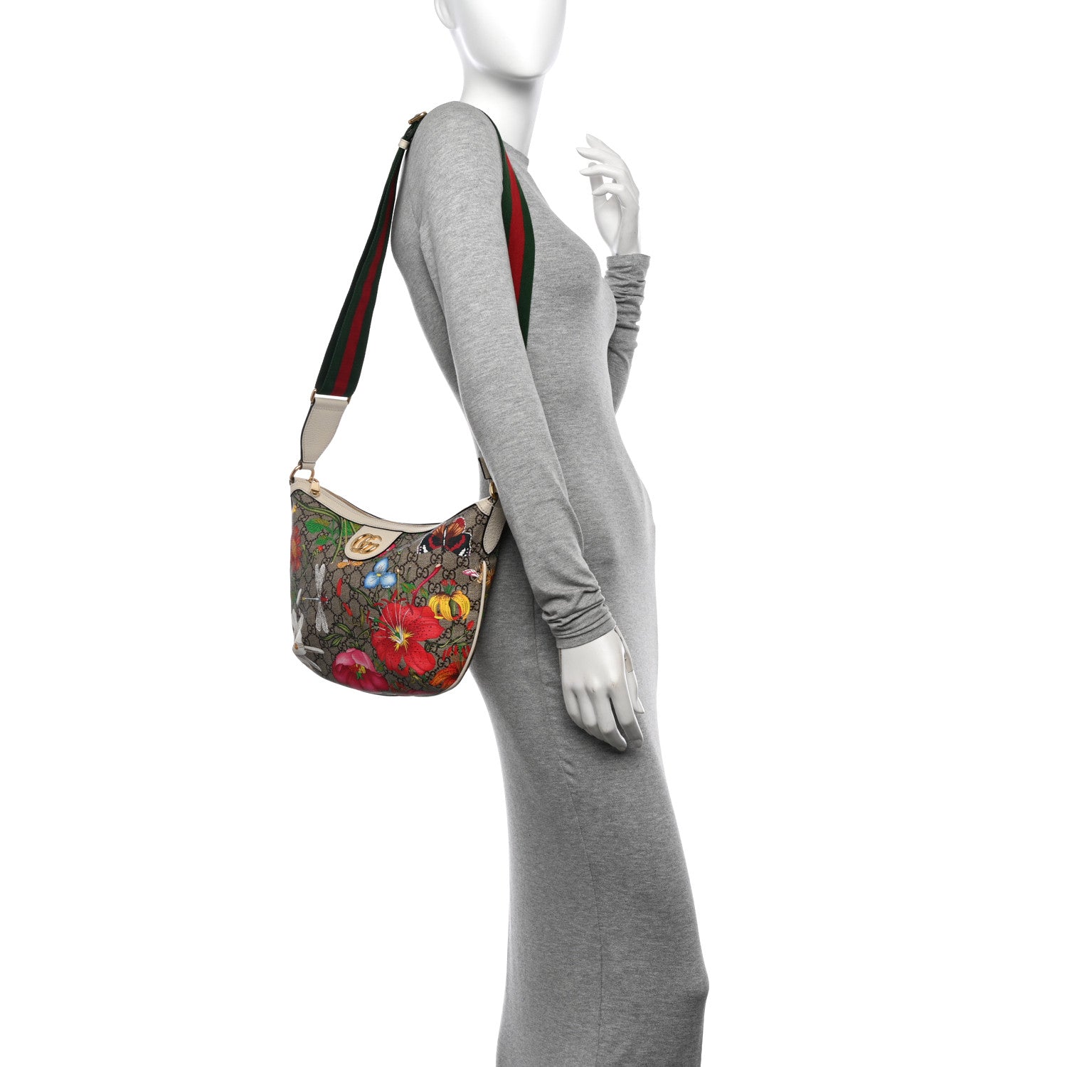 Gucci GG Supreme Monogram Flora Web Small Ophidia Half Moon Hobo White 2 of 14
