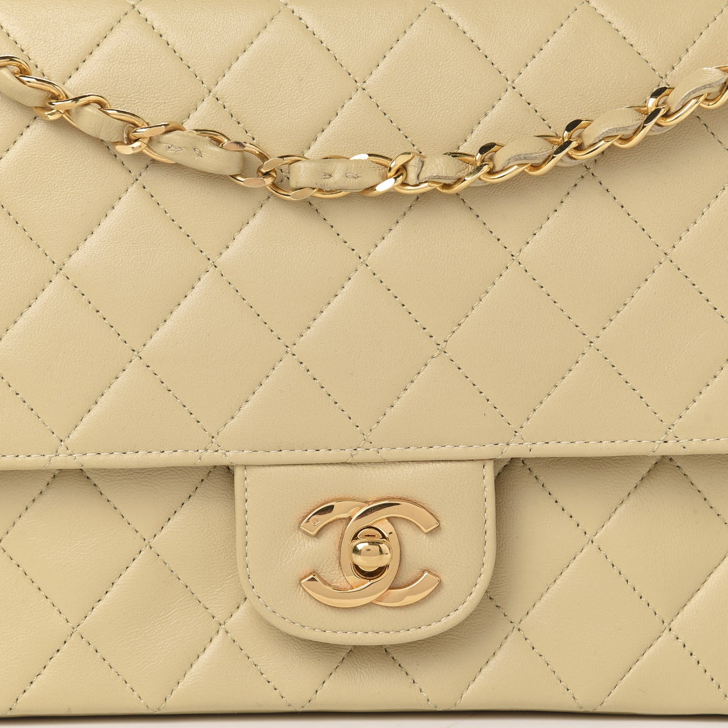 Lambskin Quilted Medium Double Flap Beige