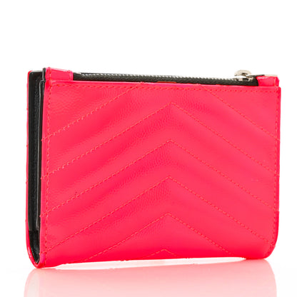 Saint Laurent Patent Grain De Poudre Matelasse Chevron Monogram Zipped Two-Part Wallet Neon Pink 3 of 7