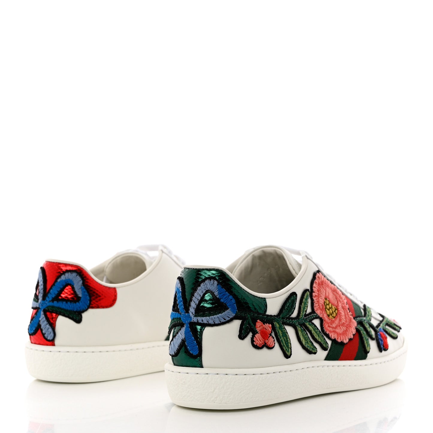 Calfskin Web Floral Embroidered Womens Ace Sneakers 36 White