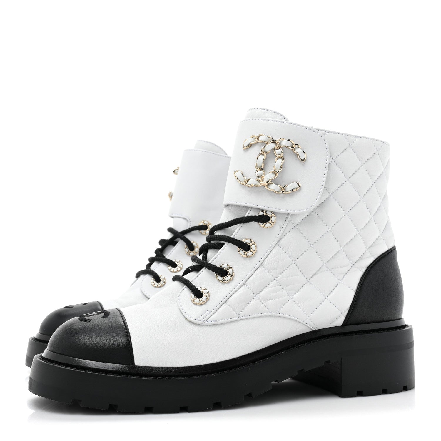 Chanel Shiny Goatskin Calfskin Quilted Lace Up Combat Boots 39 Ivory Black 3 of 9