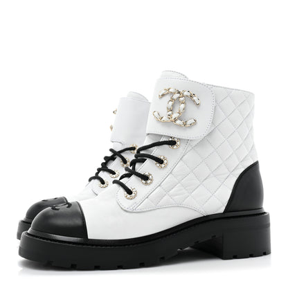 Chanel Shiny Goatskin Calfskin Quilted Lace Up Combat Boots 39 Ivory Black 3 of 9