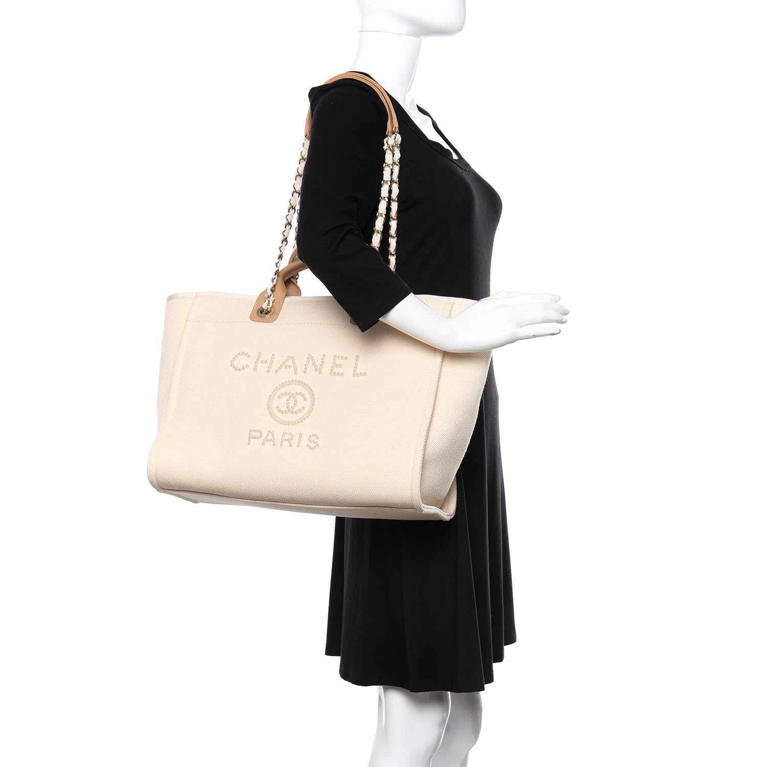 Chanel Canvas Pearl Medium Deauville Tote Ecru Beige 2 of 10