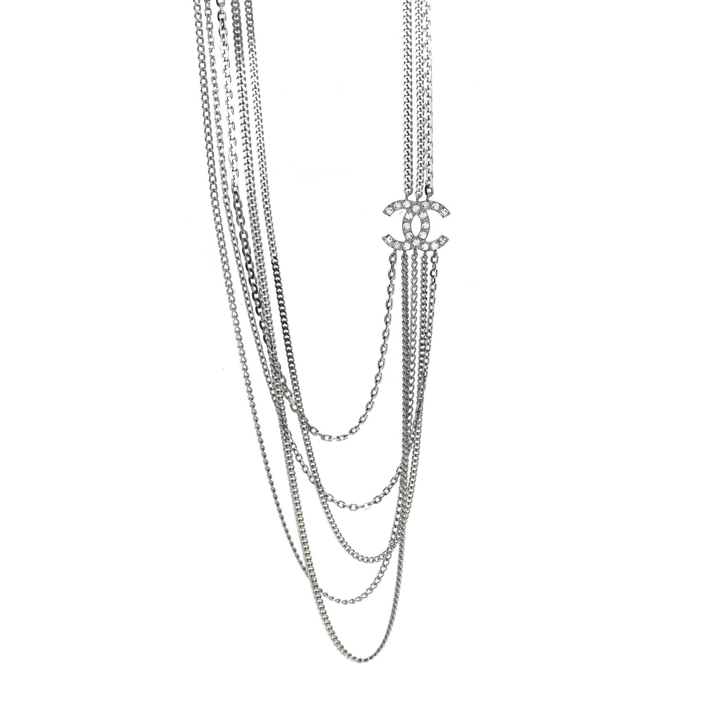 Baguette Crystal CC Shield Multi Strand Long Chain Necklace Silver