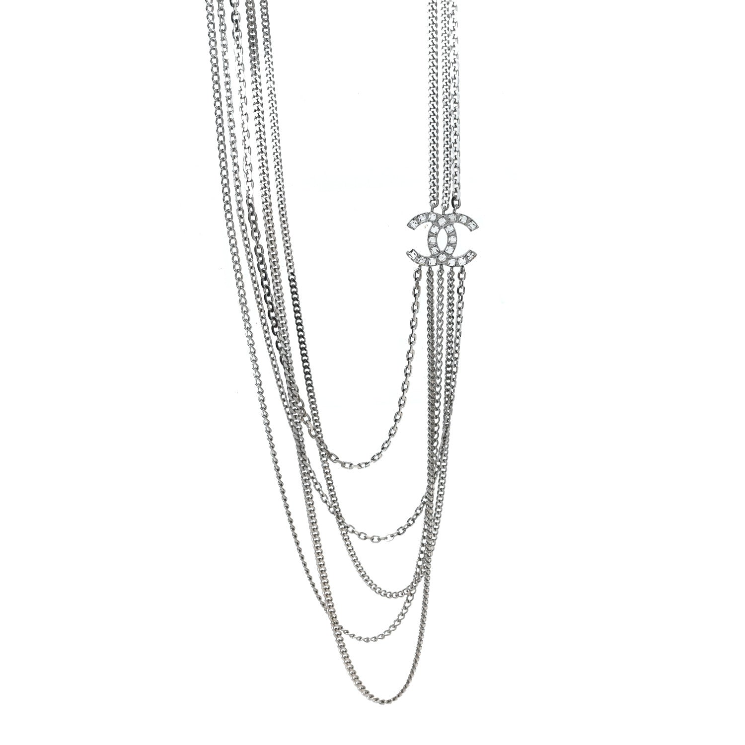 Chanel Baguette Crystal CC Shield Multi Strand Long Chain Necklace Silver 1 of 5