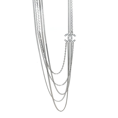 Chanel Baguette Crystal CC Shield Multi Strand Long Chain Necklace Silver 1 of 5