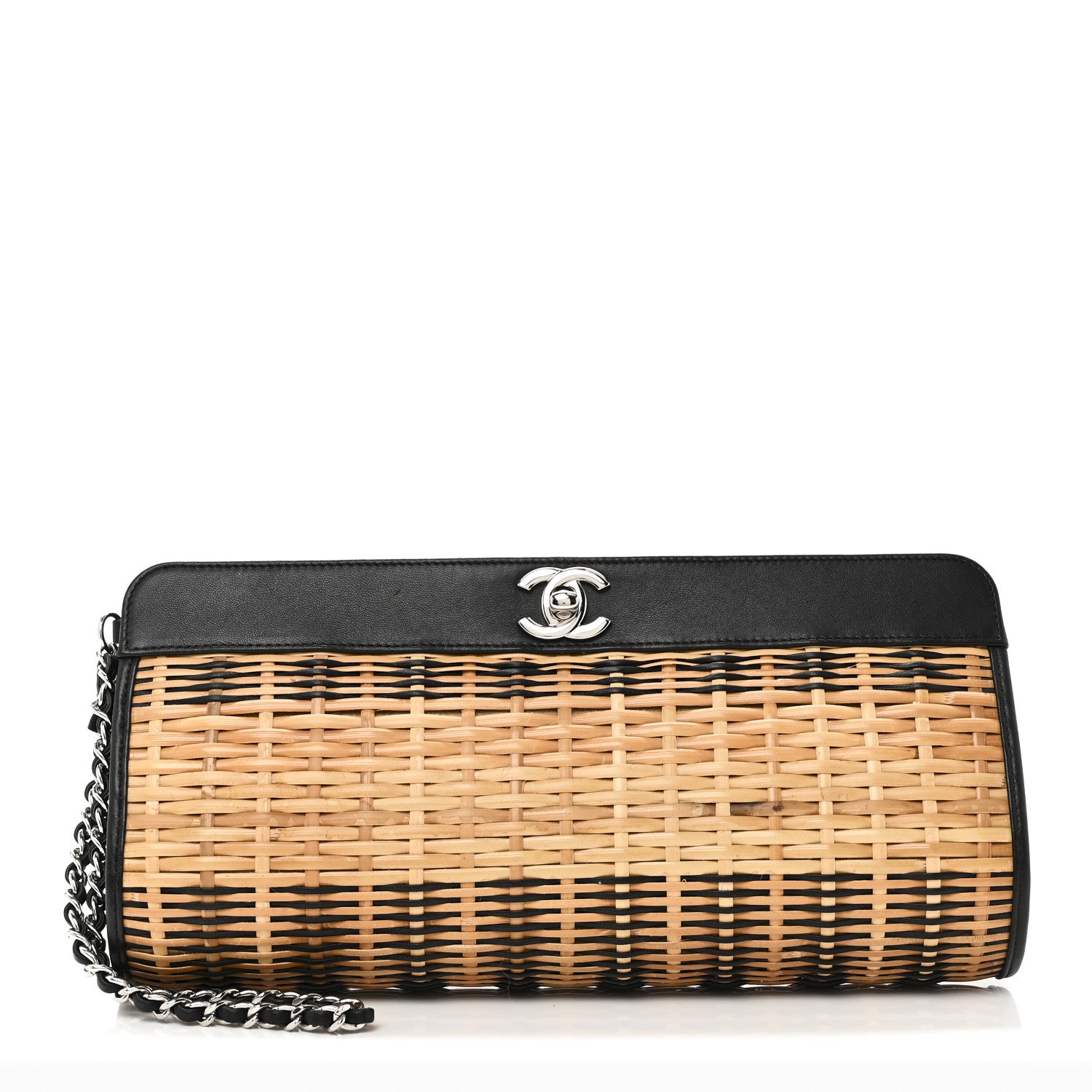 Chanel Rattan Calfskin CC Chain Wristlet Clutch Black Beige 1 of 10