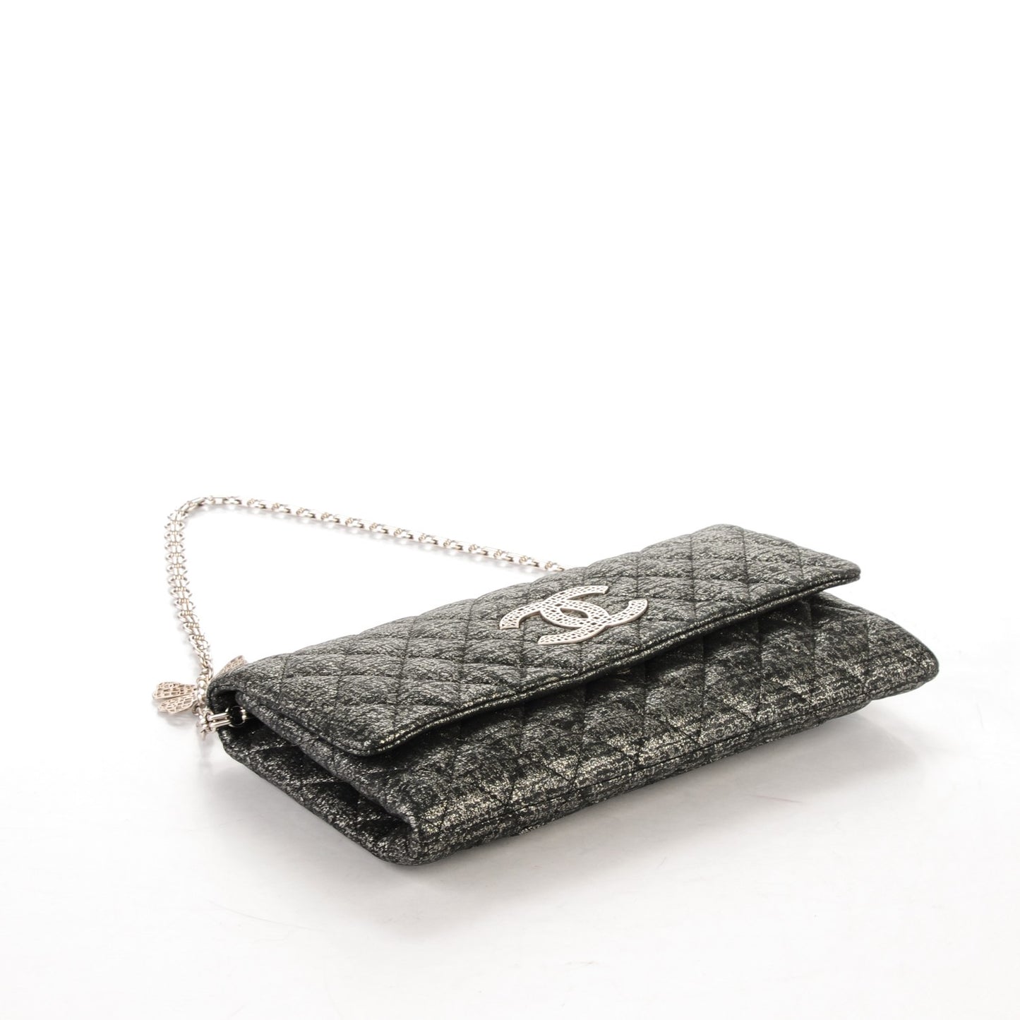 Glitter Fabric Quilted Flap Clutch With Butterfly Chain Black