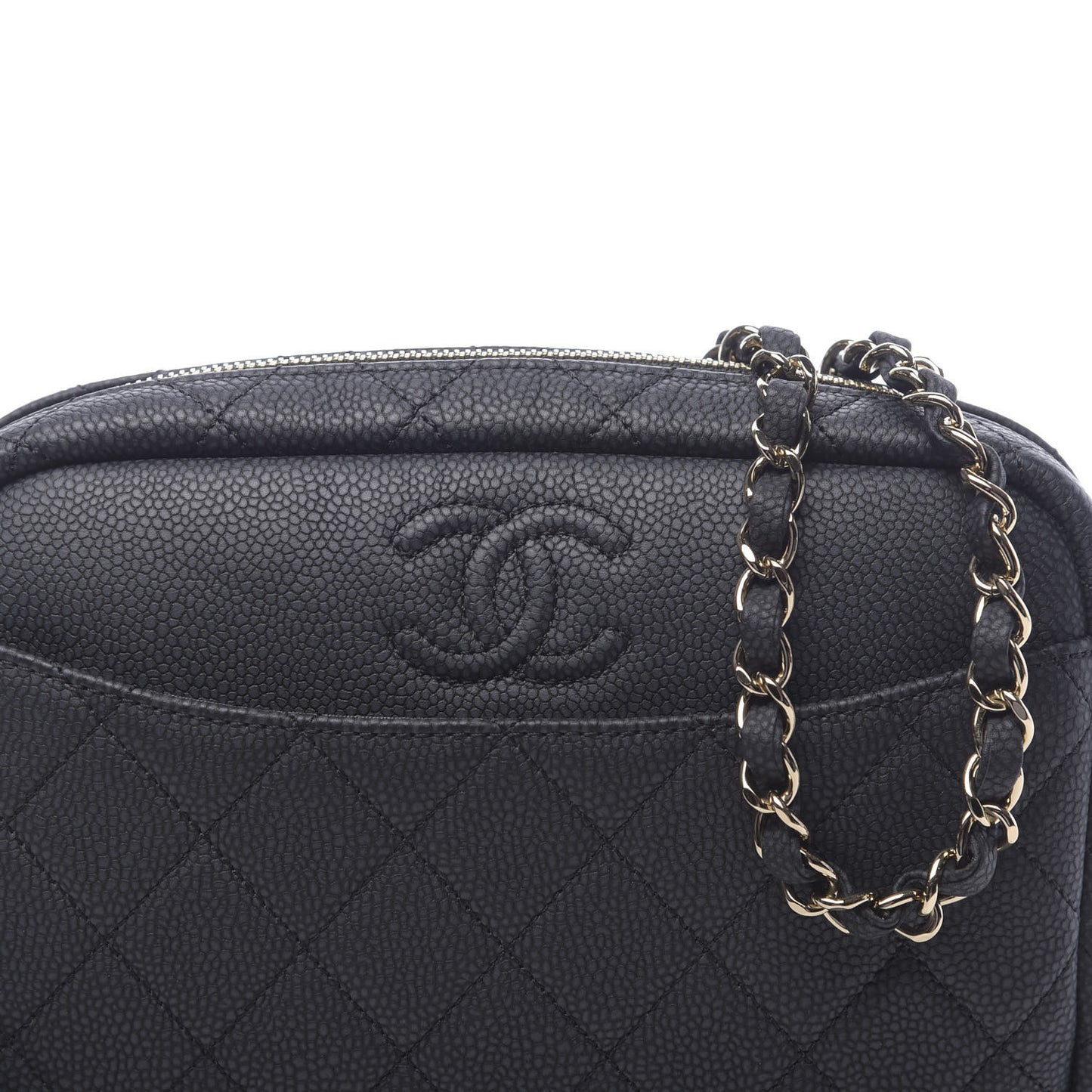 Iridescent Caviar Quilted Small Coco Tassel Camera Case Black