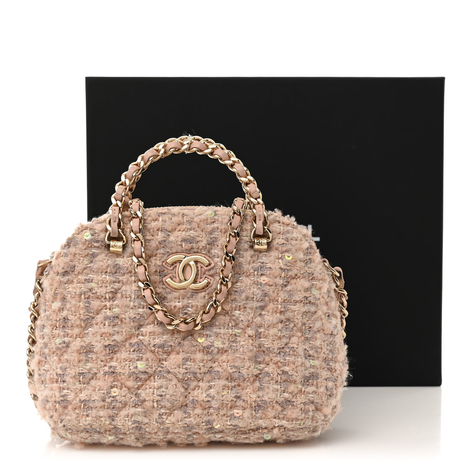 Chanel Cotton Wool Tweed Sequin Quilted Shiny Coco Clutch With Chain Light Pink Beige Ecru 12 of 12