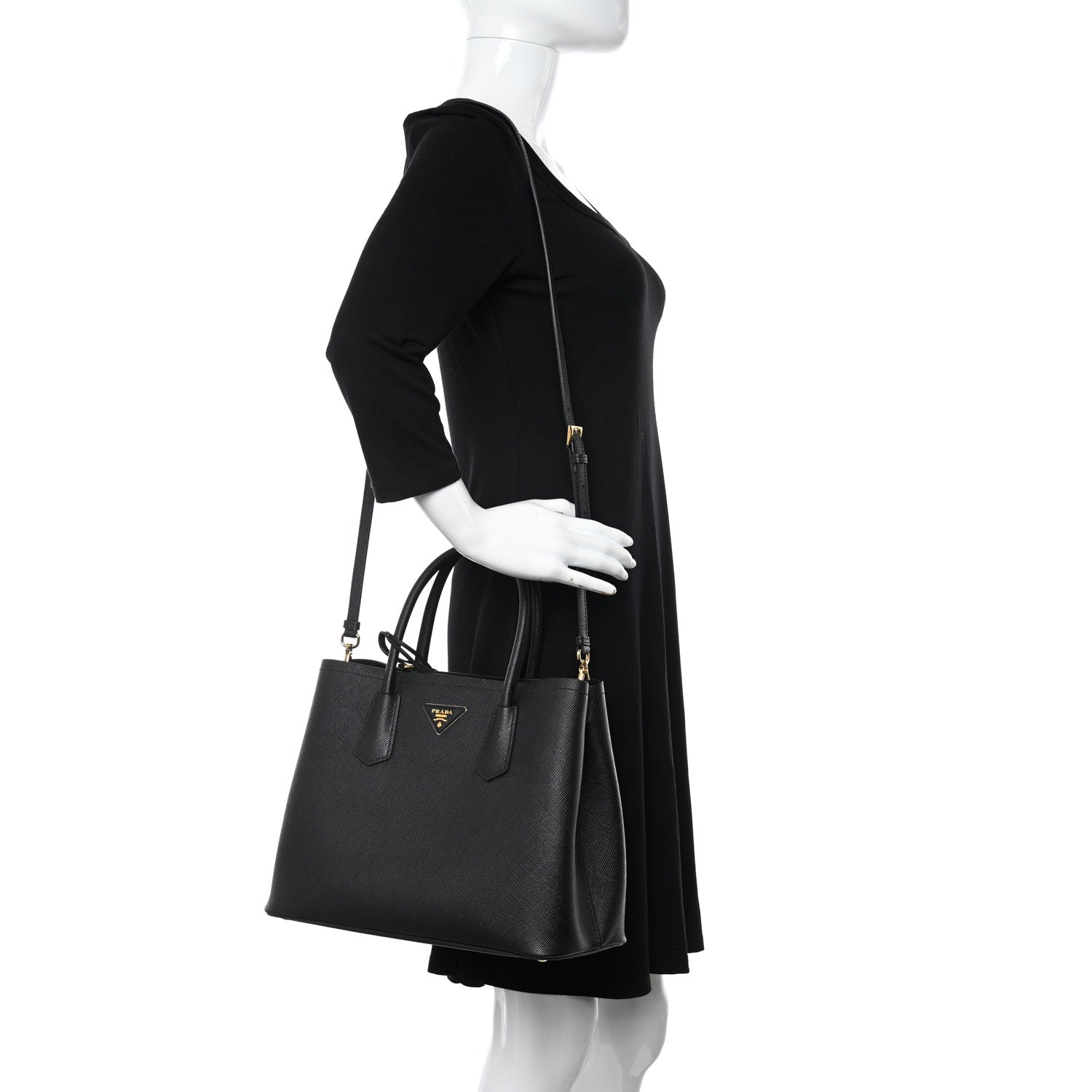 Prada Saffiano Cuir Medium Double Handle Bag Black 2 of 11