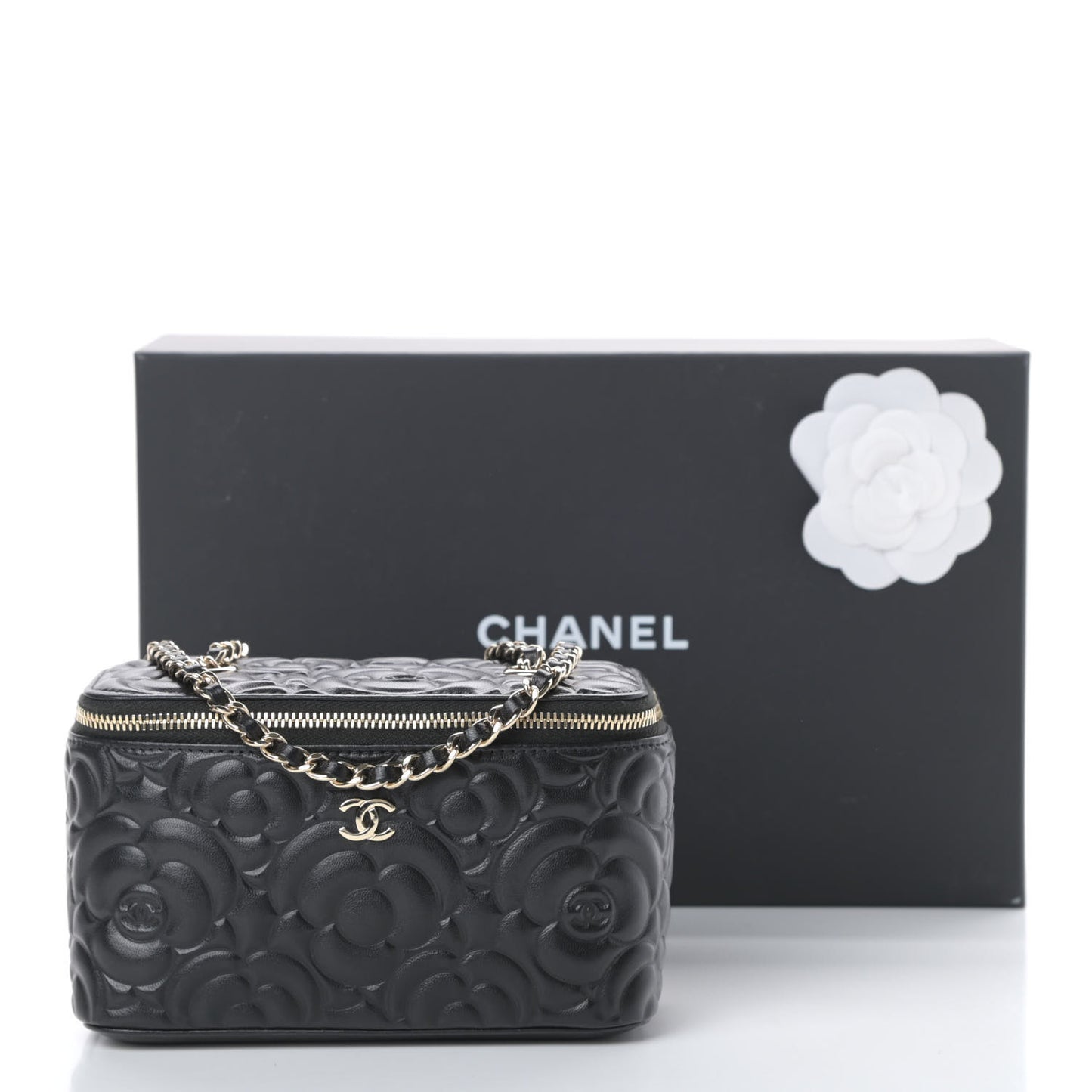 Lambskin Camellia Embossed Small Vanity Case With Chain Black
