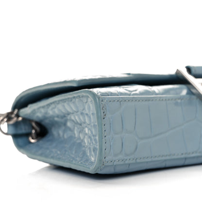 Balenciaga Shiny Calfskin Crocodile Embossed Hourglass Chain Bag Blue Grey 13 of 17