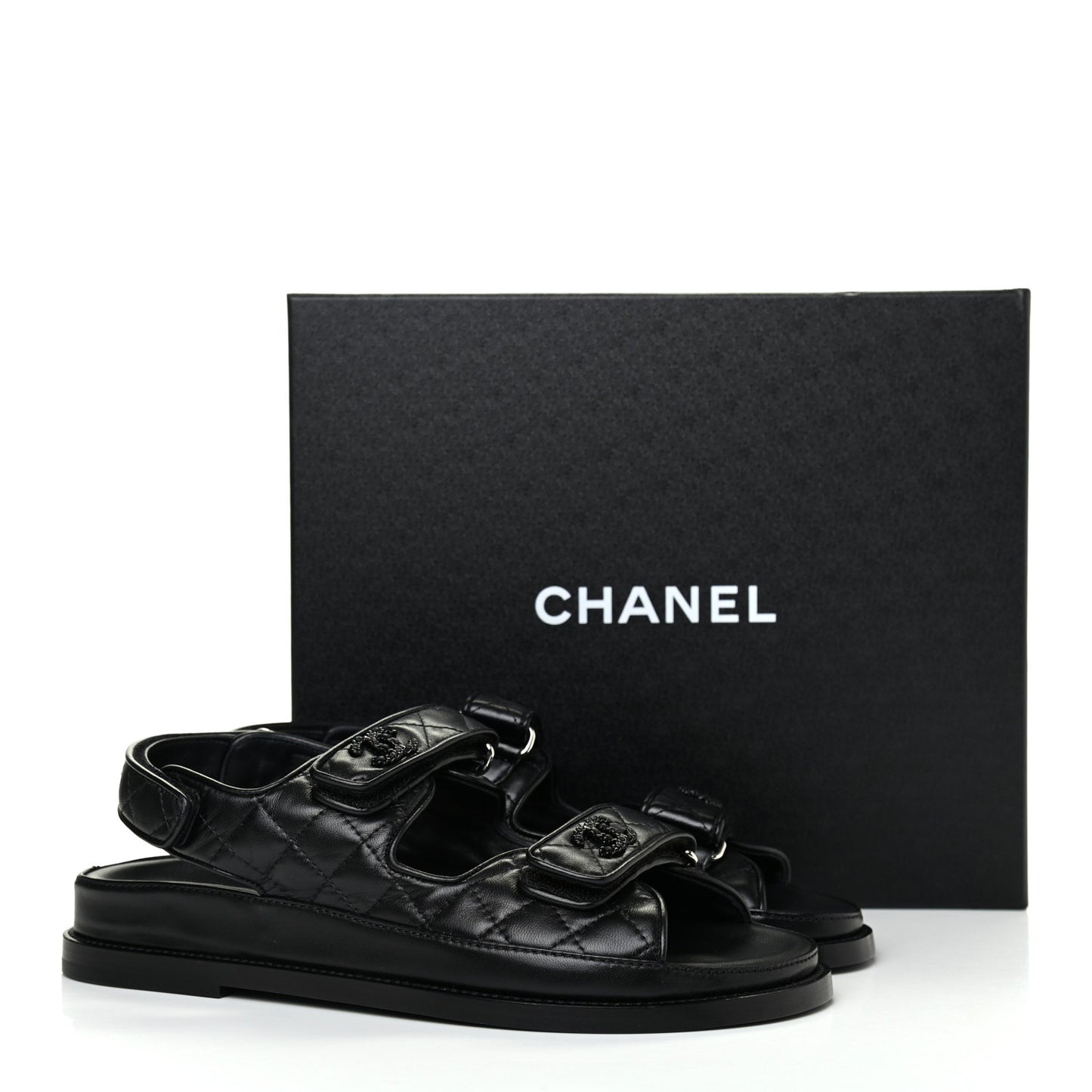Lambskin Quilted Velcro Dad Sandals 38.5 So Black
