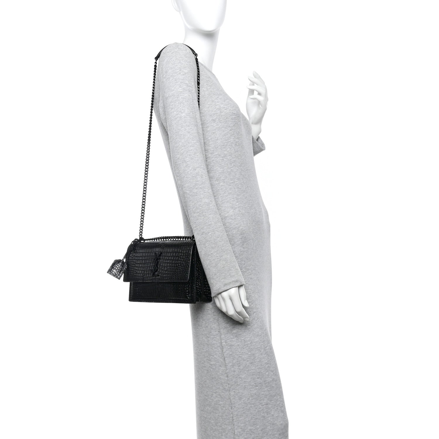 Saint Laurent Calfskin Crocodile Embossed Medium Monochrome