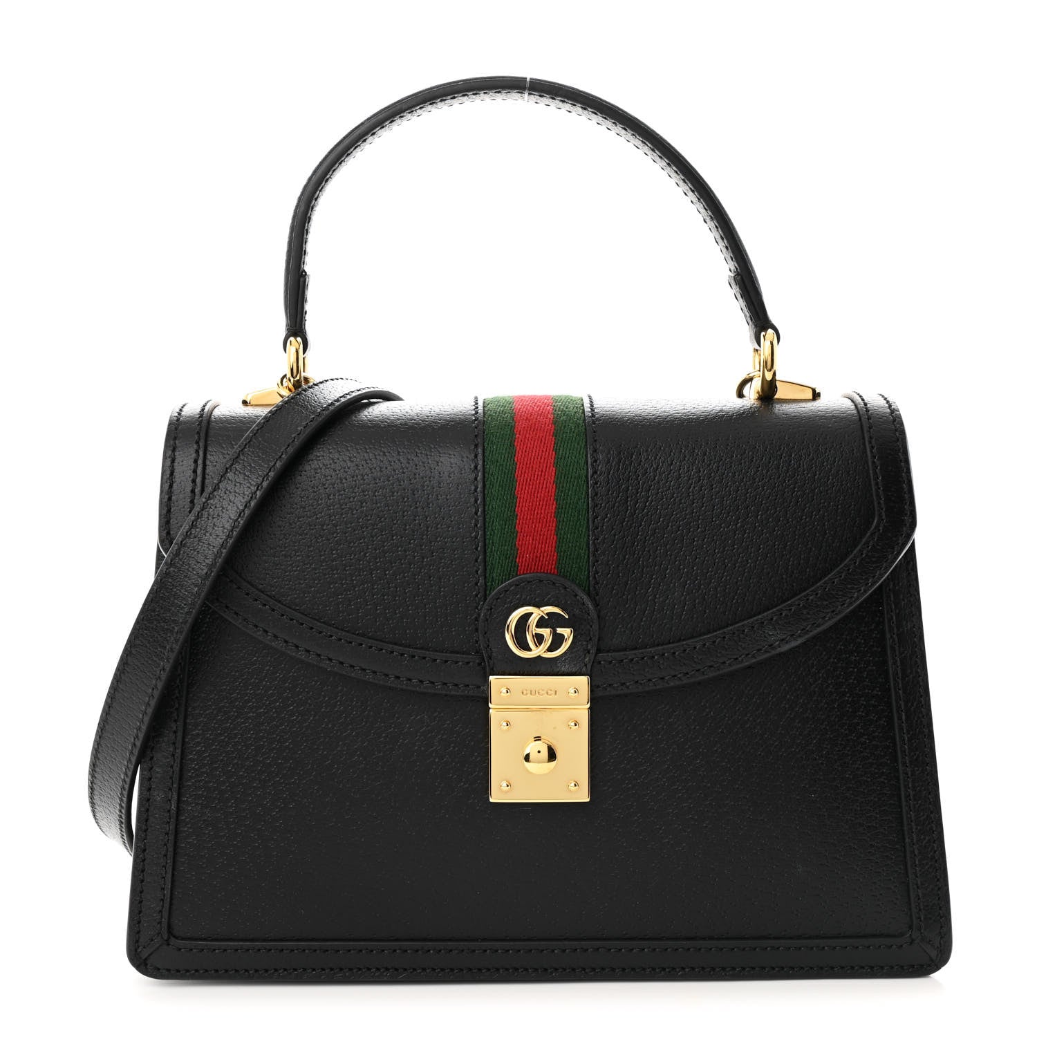 Gucci Textured Dollar Calfskin Web Small Ophidia Padlock Top Handle Bag Black 1 of 11