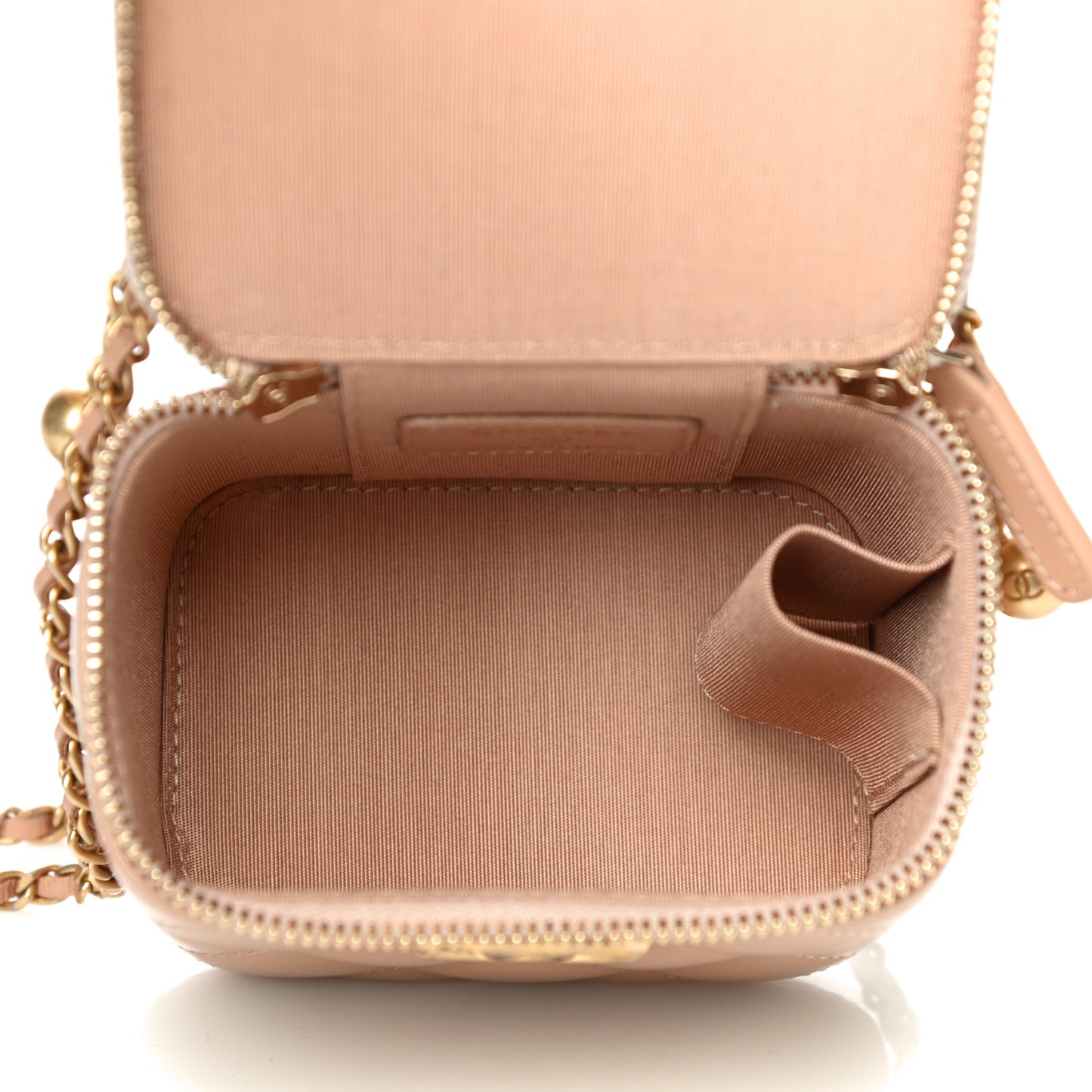 Calfskin Quilted Mini Perfect Fit Vanity Case With Chain Beige