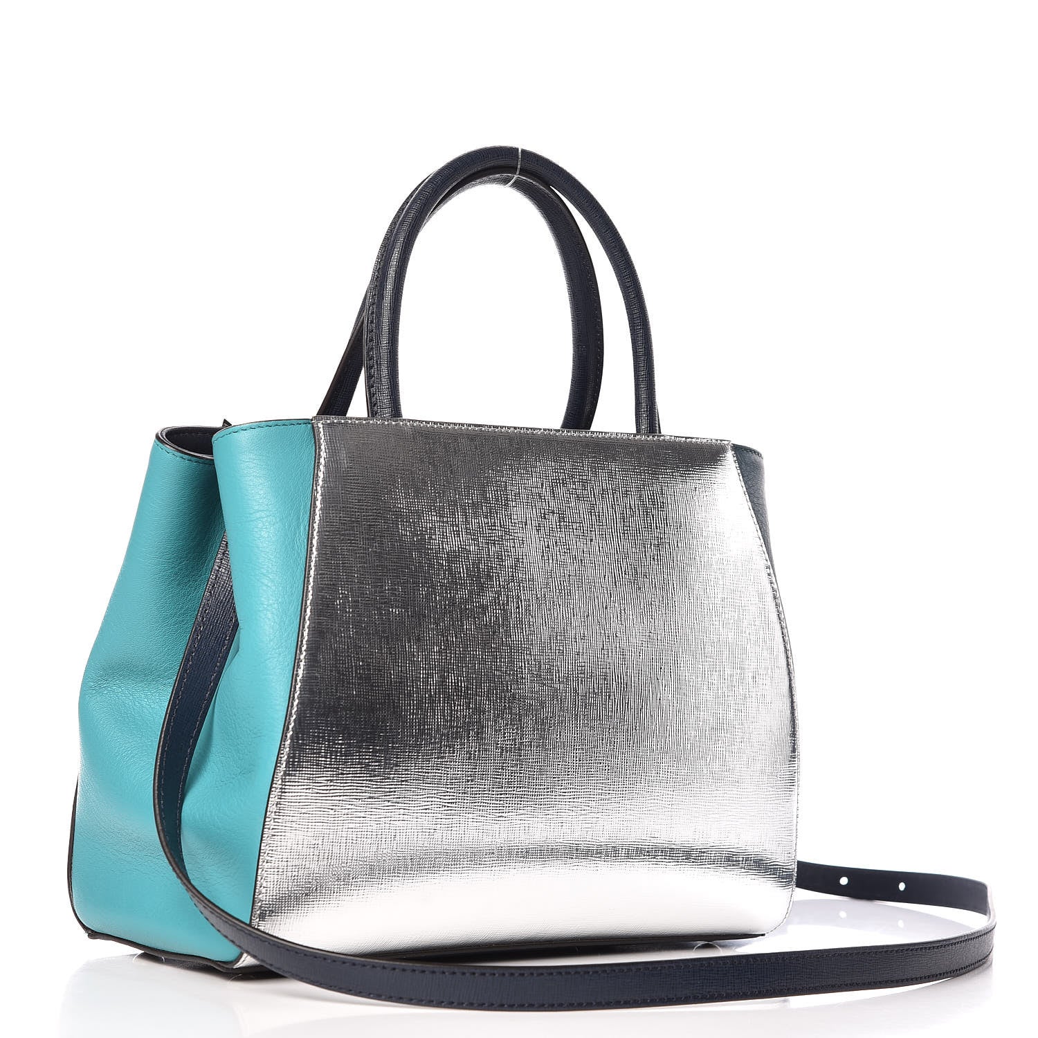 Fendi Vitello Elite Colorblock Petite 2Jours Tote Lavagna Oceano Argento 4 of 11