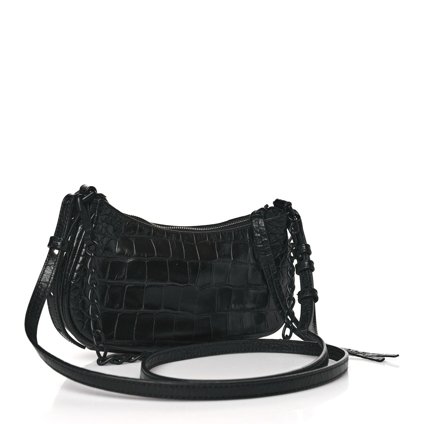 Extra Supple Calfskin Crystal Crocodile Embossed Le Cagole Mini Purse With Chain Black