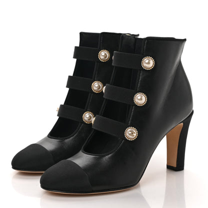 Chanel Lambskin Grosgrain Cap Toe Pearl Ankle Boots 35 Black 3 of 8