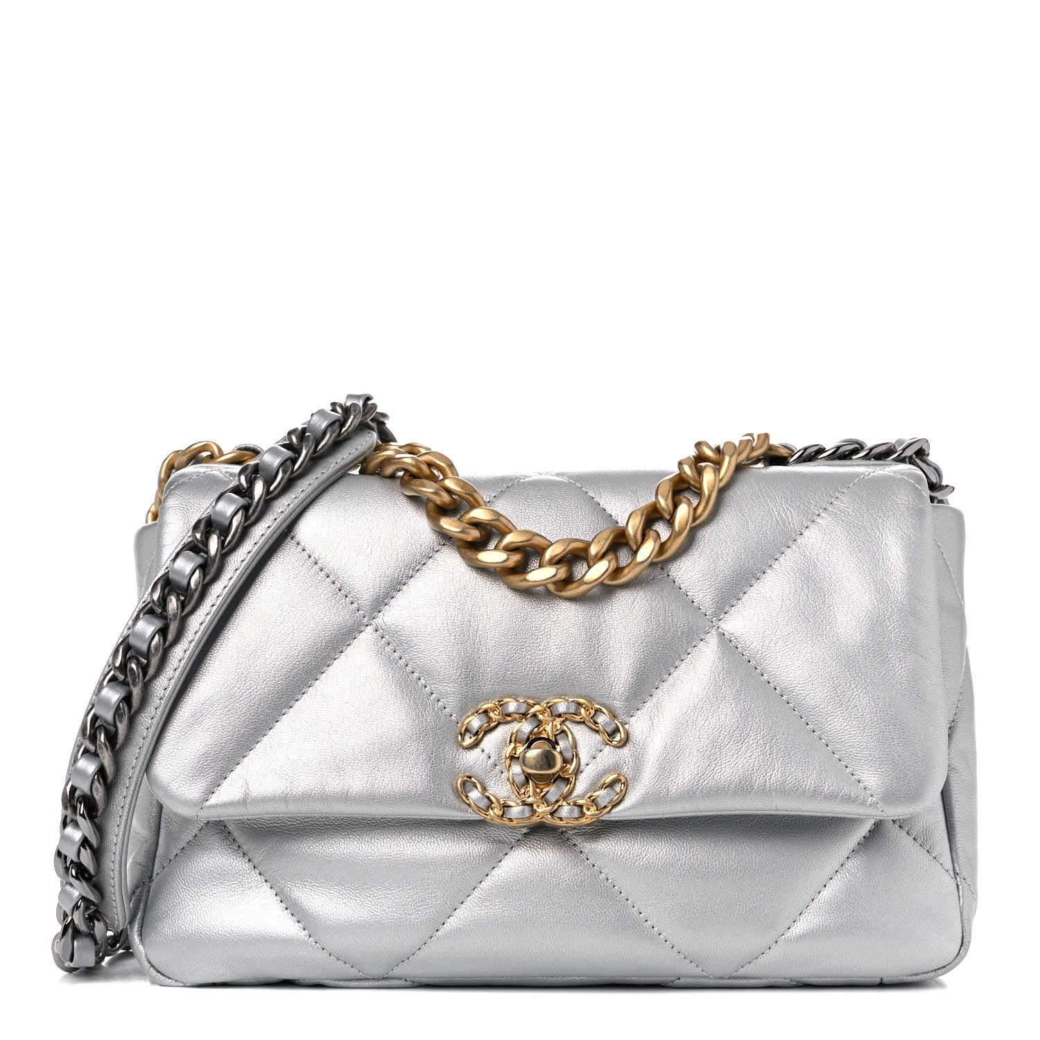 Chanel Metallic Goatskin Quilted Medium Chanel 19 Flap Silver 1 of 9