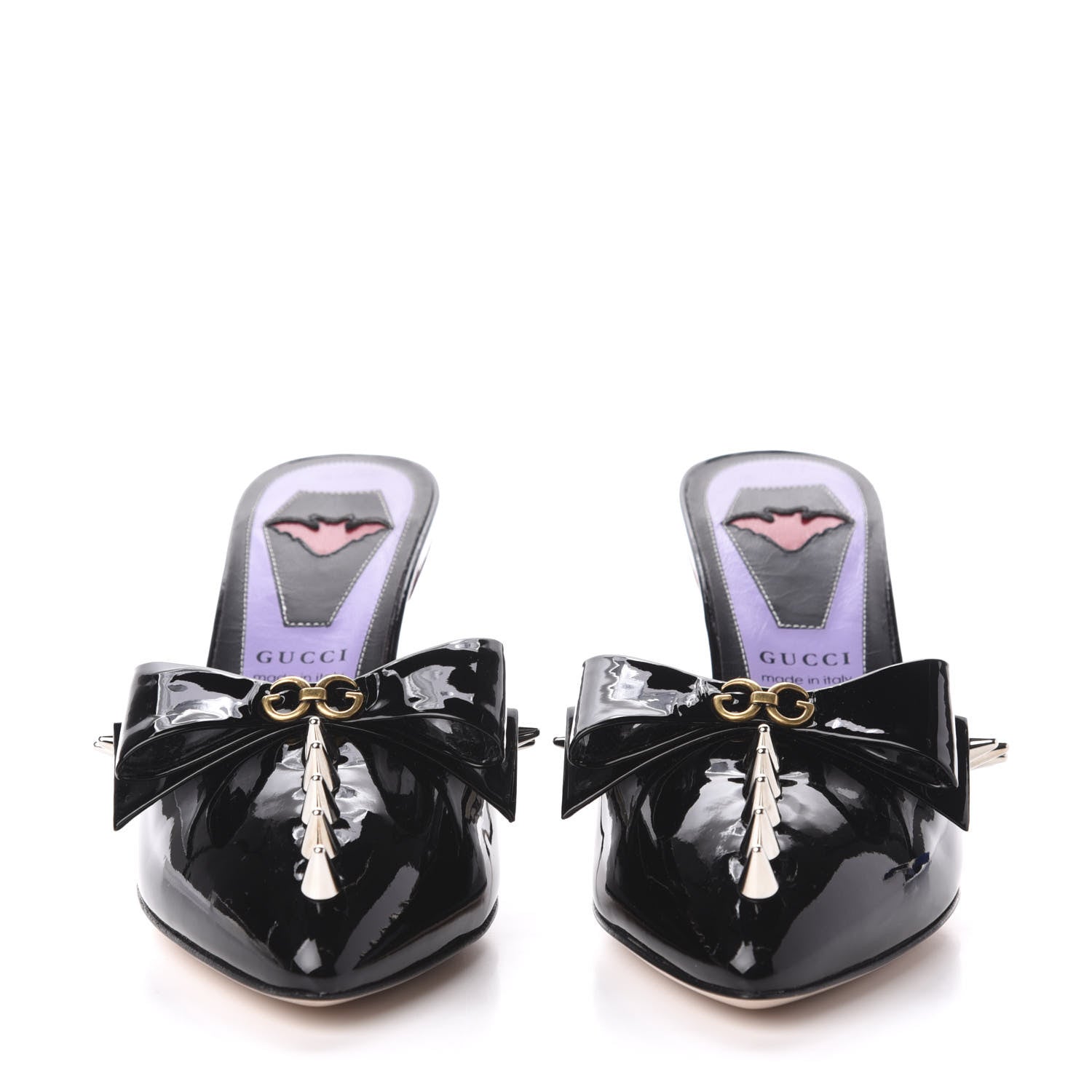 Gucci Patent GG Bow Sadie Spike Mid Heel Mules 34.5 Black 2 of 8