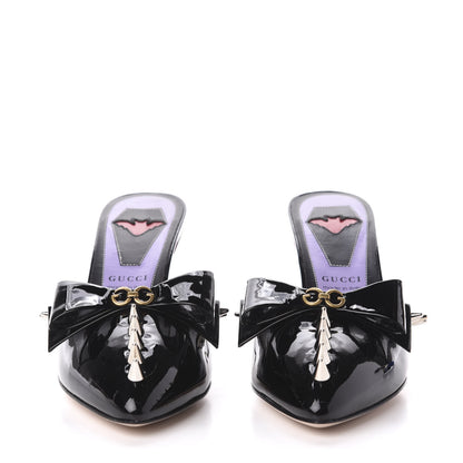 Gucci Patent GG Bow Sadie Spike Mid Heel Mules 34.5 Black 2 of 8